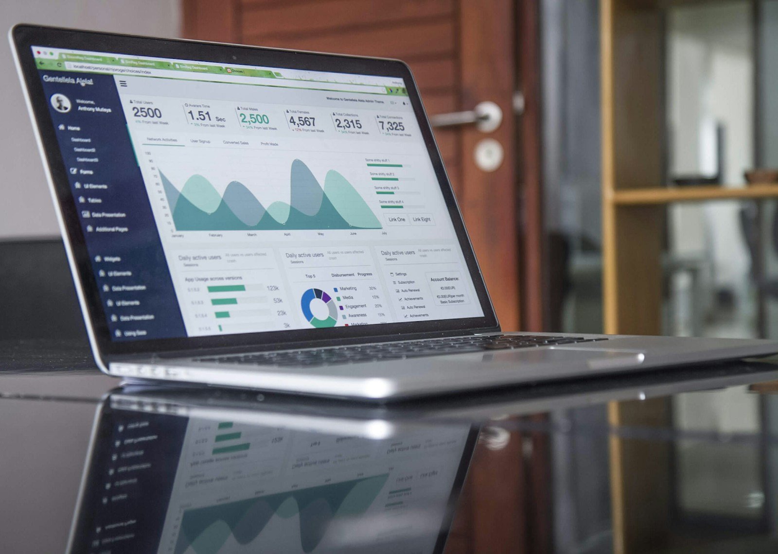 Laptop displaying charts on a glass-topped desk